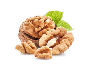 Walnuts with leaves on white background
