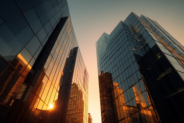 Fototapeta premium Sunset reflected off modern glass facades of skyscrapers in the financial center of the city. Generative AI