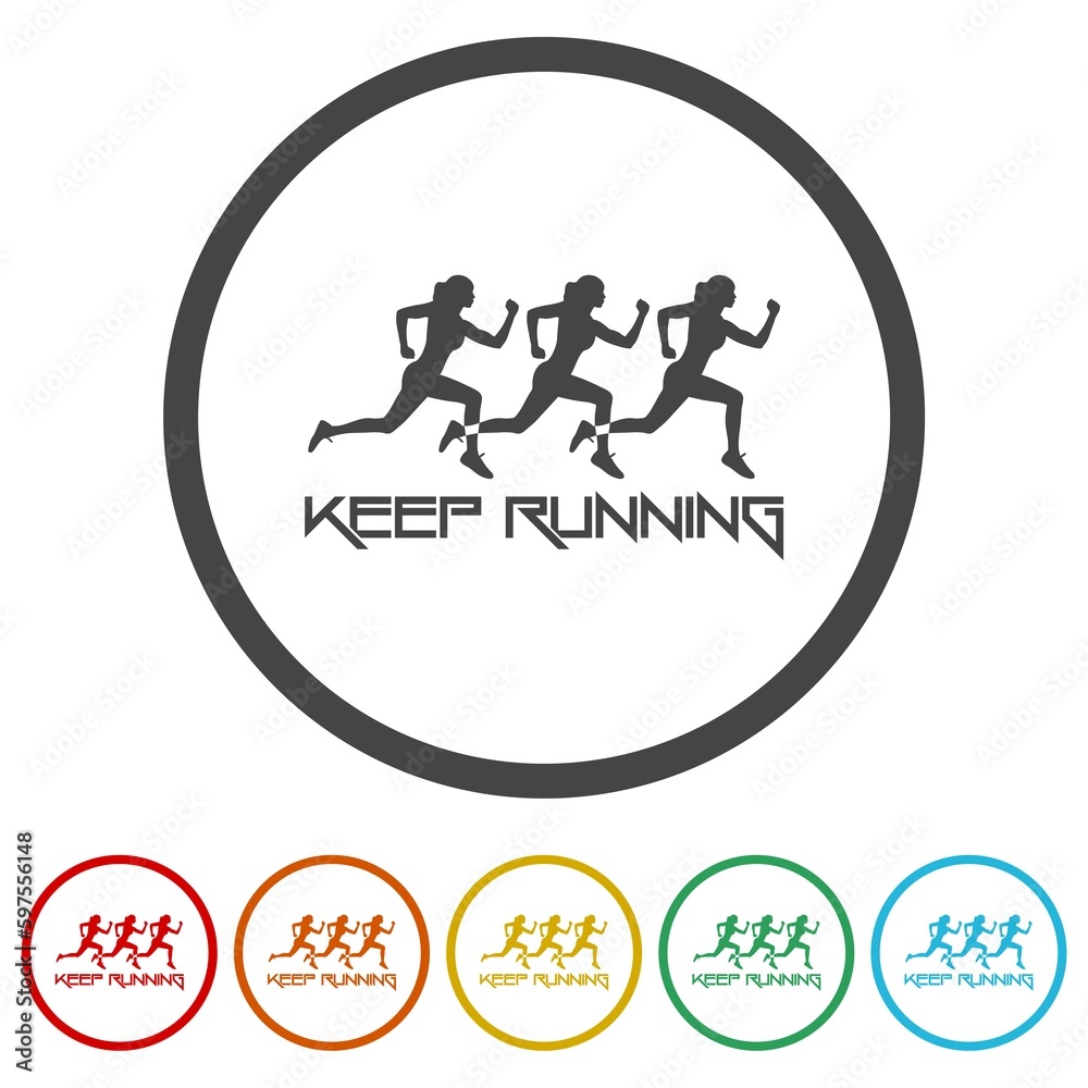 Sticker  Keep running logo. Set icons in color circle buttons