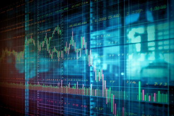 Multiple exposure of stock charts on display reflecting off glass. Generative AI	