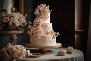 Obraz na płótnie Canvas Elegant Three-Tiered Wedding Cake with Blush and Cream Sugar Flowers