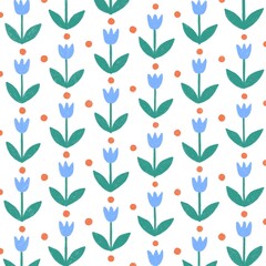 Pattern with stylized flowers and dots. Blue tulips and orange polka dots on white background. Colorful hand drawn art for cover, notebook, postcard.