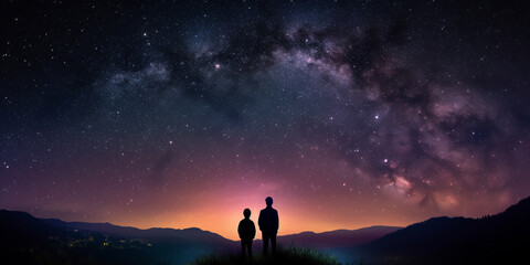 Silhouettes of father and son standing on a hill against a clear starry sky and a milky way. Generative AI	