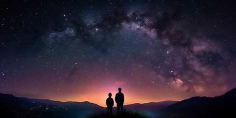 Fototapeta premium Silhouettes of father and son standing on a hill against a clear starry sky and a milky way. Generative AI 