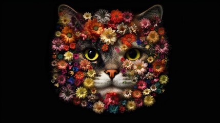 A cat with flowers on it on black background, generative AI