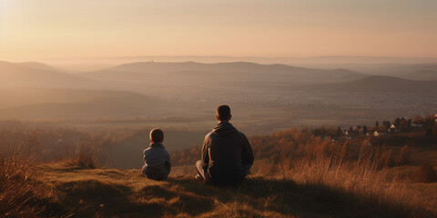 Naklejka na ściany i meble Father and son silhouettes standing on a hill at sunset. Generative AI 