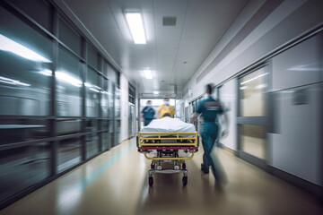 A patient in a hospital bed is rolled down a hospital hallway as health care professionals stand ready to accept the patient. A motion blur blurs the faces.  Generative AI
