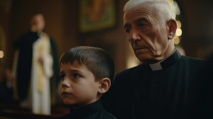 Concept of child abuse in church: sad boy and priest - obrazy, fototapety, plakaty