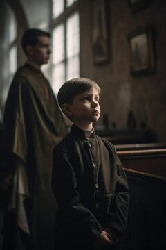 Concept of child indoctrination in church: old priest and underage boy