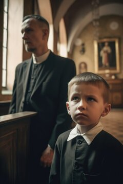 Concept of child indoctrination in church: old priest and underage boy