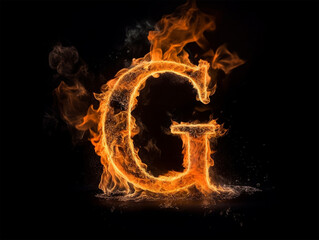Brennender Buchstabe G auf schwarzem Hintergrund, KI generiert