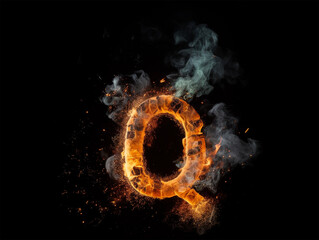 Brennender Buchstabe Q auf schwarzem Hintergrund, KI generiert