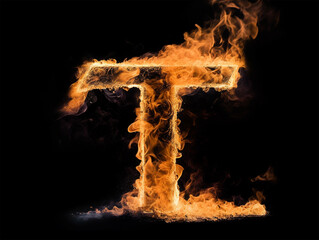 Brennender Buchstabe T auf schwarzem Hintergrund, KI generiert