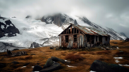 Abandoned mining hut surrounded by snow and capped mountains, with rust and broken windows.