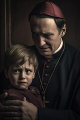 Concept of child abuse in church: scarred boy being held by priest
