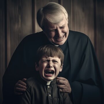 Concept of child abuse in church: scarred boy being held by a smirking priest