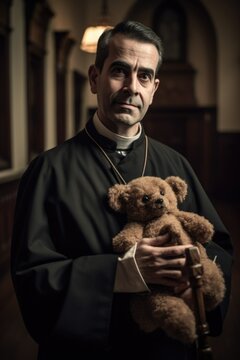 Concept of child molestation in church: Priest holding a teddy bear