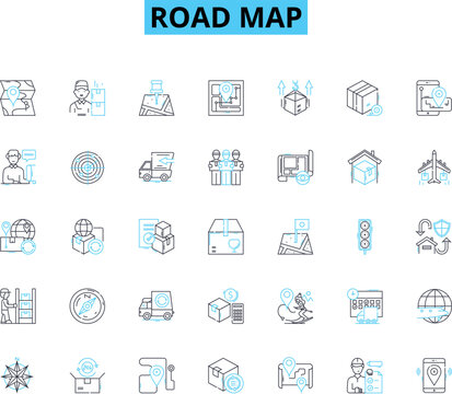 Road map linear icons set. Navigation, Directions, Routes, Planning, Markings, Symbols, Signs line vector and concept signs. Pathways,Highways,Intersections outline illustrations Generative AI