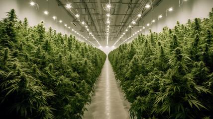 Professional long and wide indoor hemp plantation in a modern, industrial large hall. - obrazy, fototapety, plakaty