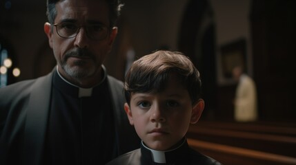 Concept of child abuse in church: sad boy and priest - obrazy, fototapety, plakaty