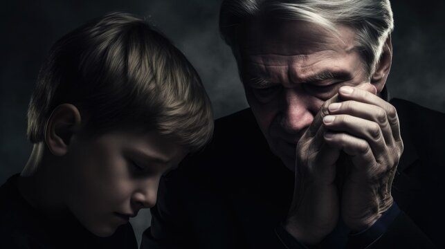 Concept of child abuse in church: sad boy and priest