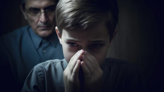Concept of child abuse in church: sad boy and priest
