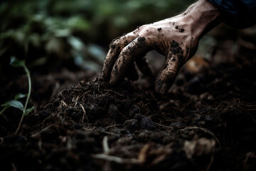 Male hands soiled with topsoil as it digs up the soil in the garden.