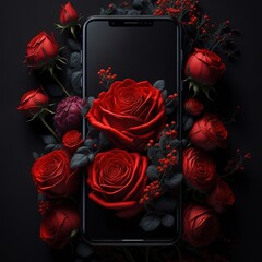 Smartphone mockup surrounded by red roses. Generative A.I