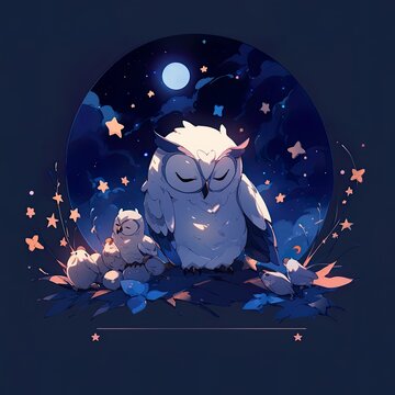 Fantastic owl at night, cute AI generative clip-art element, central composition on dark blue background