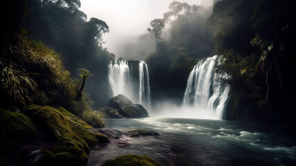 Waterfall, with cascading water and misty spray.