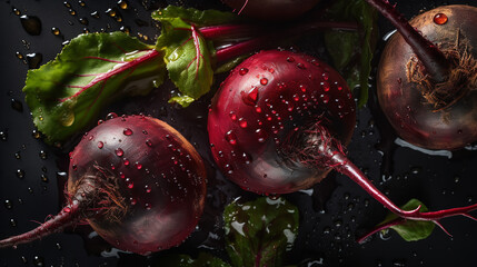 Fresh beets background, adorned with glistening droplets of water