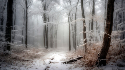 Snowy forest with tall, thin trees and a winding path leading deeper into the woods.