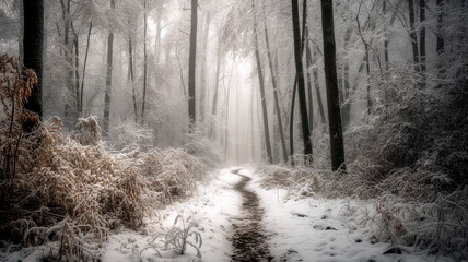 Snowy forest with tall, thin trees and a winding path leading deeper into the woods.