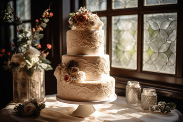 Beautifully crafted wedding cake captured in natural sunlight