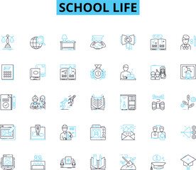 School life linear icons set. Education , Homework , Exams , Friends , Teachers , Textbooks , Lunchtime line vector and concept signs. Sports ,Lockers ,Recess outline illustrations Generative AI