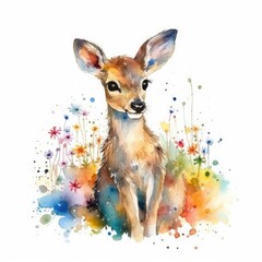 Captivating Baby Reindeer in a Colorful Flower Field - Watercolor Painting - Art Print and Greeting Cards - Generative AI