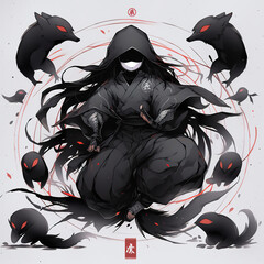 A person sitting on a floor surrounded by birds. AI generative. Immortal mink ninja