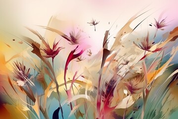 abstrakte blumen im wind. eine blumenwiese mit vielen bunten bl&uuml;ten (generative ai)