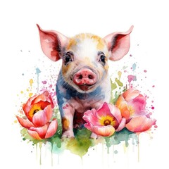 Watercolor Piglet in Colorful Flower Field - Animal Art, Nature Art - Ideal for Greeting Cards and Art Prints - Generative AI