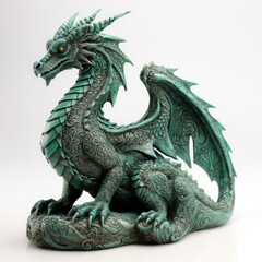 Fototapeta premium Carved green wooden dragon isolated on white background. Symbol of 2024. Chinese New Year. Detailed dragon figurine or statuette. High resolution. Generative AI, human enhanced