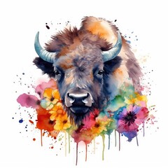 Wildlife Art - Watercolor Painting of Adorable Baby Buffalo in a Colorful Flower Field Ideal for Art Prints and Greeting Cards - Generative AI