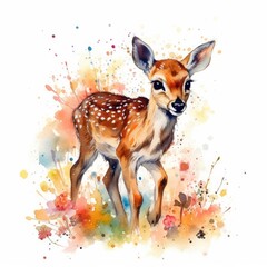 Colorful Flower Field with Fetching Fawn - Watercolor Painting - Art Print and Greeting Card - Generative AI