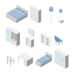 Set of Bedroom Furniture. Chair, Table, Cabinet, Floor lamp, Table lamp, Bed. Isometric Drawing Vector.