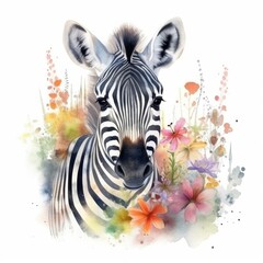Fototapeta na wymiar Watercolor Sweet Baby Zebra in Colorful Flower Field - Animal Art, Nursery Decor - Generative AI