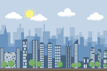 Random blue city skyline Vector on light background, with trees in the front. During the day with clouds and the sun.