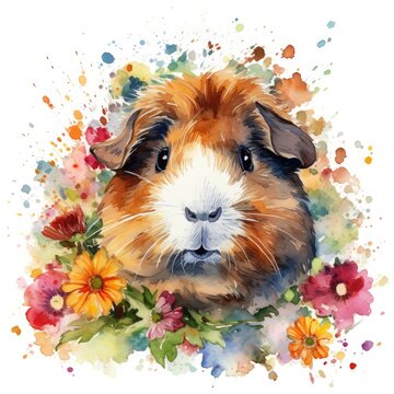 Adorable Guinea Pig in a Colorful Flower Field - Watercolor Painting - Ideal for Greeting Cards and Art Prints - Generative AI