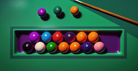 Billiard balls on a table with a cue