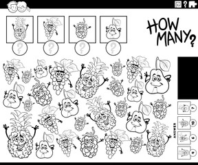 how many cartoon fruit counting task coloring page