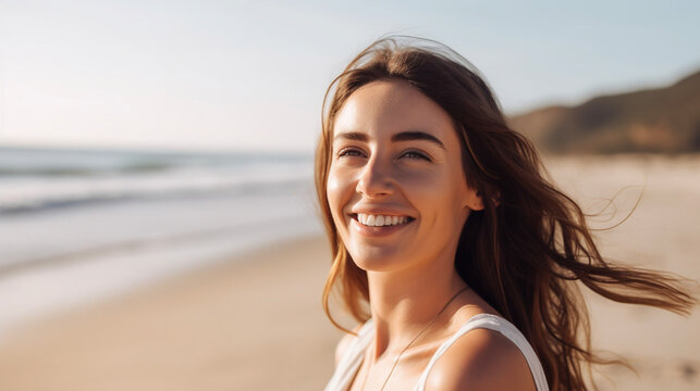 Portrait of a young smiling woman on the beach. AI