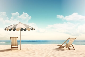 Travel and vacation concept. Beautiful beach with sunbed and umbrella in calm and beautiful sea or ocean landscape background. Copy space. Generative AI
